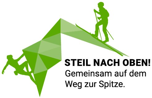 Das Logo des Bergsportfachverbandes. Drunter steht das Motto: Steil nach oben! Gemeinsam auf dem Weg zur Spitze.